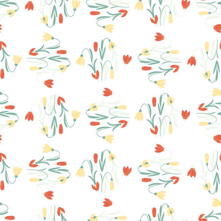 Isolated seamless pattern with red decorative campanula flowers shapes. White background. Season backdrop. Flat vector print for textile, fabric, gift wrap, wallpapers. Endless illustration.のイラスト素材