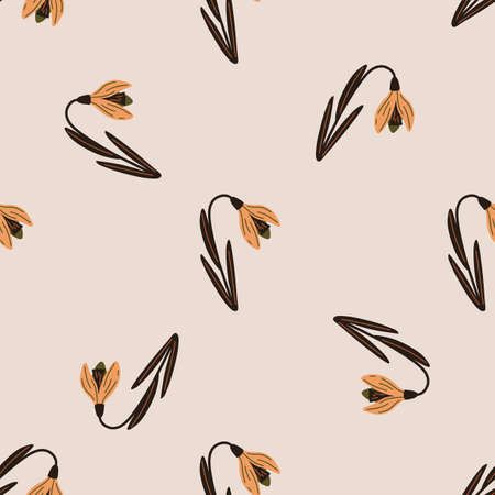 Brown and orange colored galanthus flowers seamless pattern. Grey background. Scrapbook nature print. Vector illustration for seasonal textile prints, fabric, banners, backdrops and wallpapers.のイラスト素材