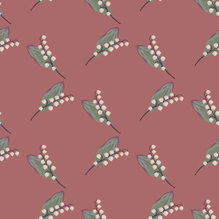 Random style floral seamless pattern with may lily of the valley flowers print. Pink pale background. Graphic design for wrapping paper and fabric textures. Vector Illustration.のイラスト素材