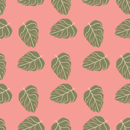 Green monstera leaves seamless pattern in hand drawn tropic style. Pink background. Doodle ornament. Graphic design for wrapping paper and fabric textures. Vector Illustration.のイラスト素材