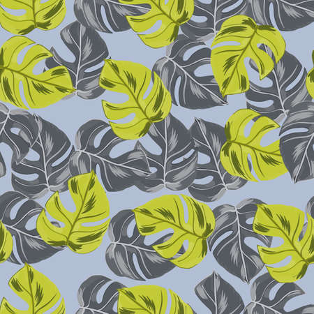Seamless exotic jungle pattern with random green and purple monstera foliage print. Blue background. Perfect for fabric design, textile print, wrapping, cover. Vector illustration.のイラスト素材
