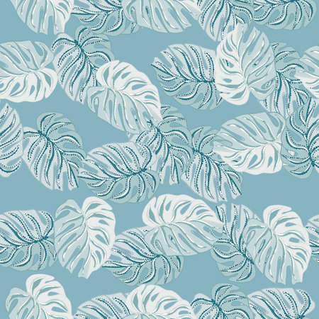 Summer season tropical seamless pattern with doodle monstera leaf shapes. Blue palette artwork. Stock illustration. Vector design for textile, fabric, giftwrap, wallpapers.のイラスト素材