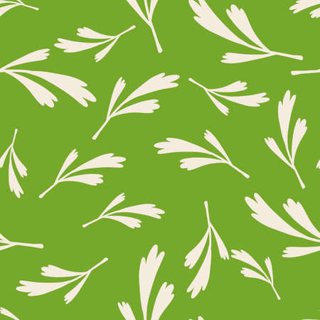 Decorative seamless pattern with grey leaves random ornament. Green background. Botanic shapes. Designed for fabric design, textile print, wrapping, cover. Vector illustration.のイラスト素材