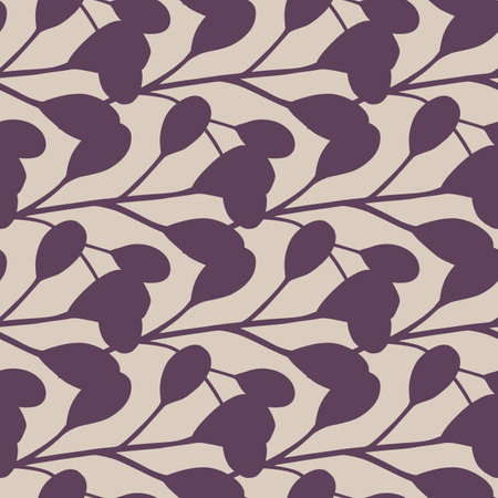 Tropical seamless pattern with purple doodle white eucalyptus elements. Grey background. Designed for fabric design, textile print, wrapping, cover. Vector illustration.のイラスト素材