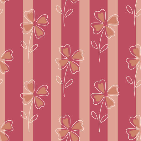 Hand drawn bloom seamless pattern with outline four-leaf shapes. Pink striped background. Doodle print. Vector illustration for seasonal textile prints, fabric, banners, backdrops and wallpapers.のイラスト素材