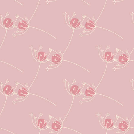 Geometric style nature field seamless pattern with doodle yarrow silhouettes. Pink background. Vector illustration for seasonal textile prints, fabric, banners, backdrops and wallpapers.のイラスト素材