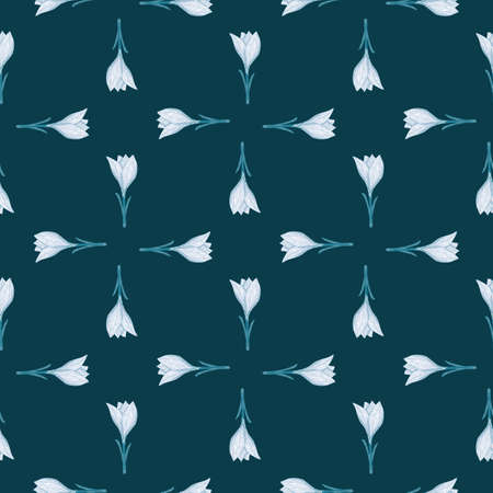 Geometric style seamless pattern with blue crocus flowers elements. Dark blue background. Floral backdrop. Vector illustration for seasonal textile prints, fabric, banners, backdrops and wallpapers.のイラスト素材