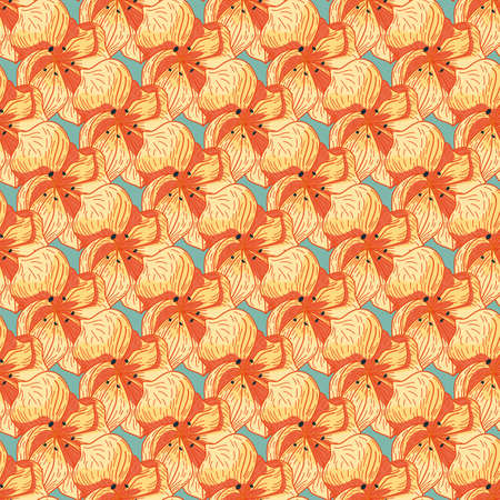 Abstract botanic seamless pattern with orange orchid flower shapes. Blue background. Graphic design for wrapping paper and fabric textures. Vector Illustration.のイラスト素材
