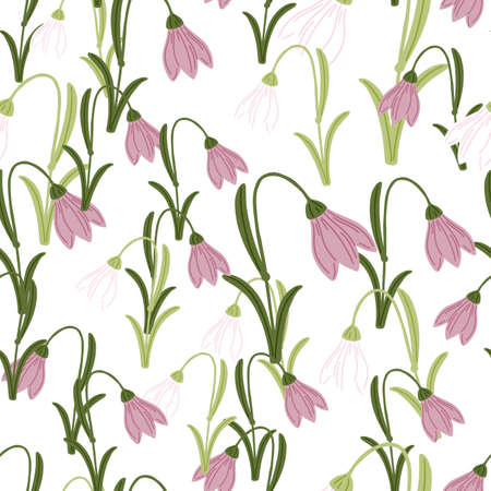 Isolated seamless pattern with random decorative purple bluebell ornament. White background. Organic print. Flat vector print for textile, fabric, giftwrap, wallpapers. Endless illustration.のイラスト素材