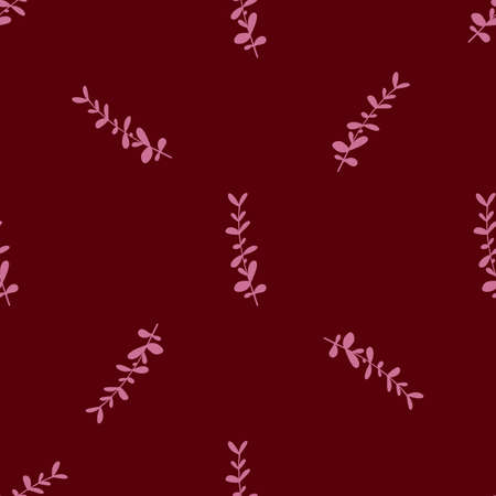 Pink colored eucalyptus elements seamless hand drawn pattern. Maroon background. Nature backdrop. Graphic design for wrapping paper and fabric textures. Vector Illustration.のイラスト素材