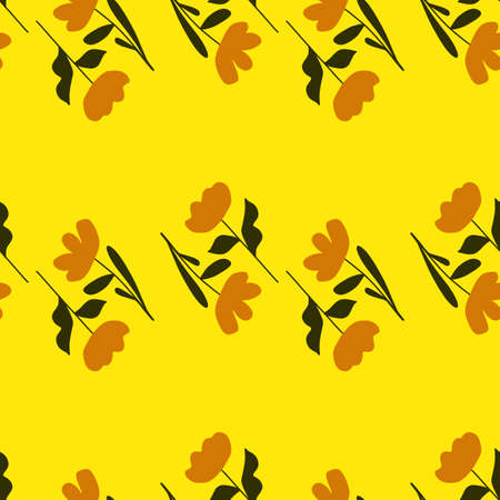 Blossom nature seamless pattern with botanic orange simple flower ornament. Yellow background. Vector illustration for seasonal textile prints, fabric, banners, backdrops and wallpapers.のイラスト素材