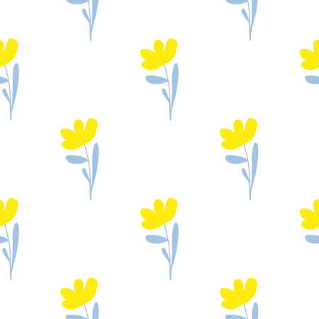 Isolated simple flowers yellow silhouettes seamless pattern. Doodle botanic nature backdrop. White background. Graphic design for wrapping paper and fabric textures. Vector Illustration.のイラスト素材