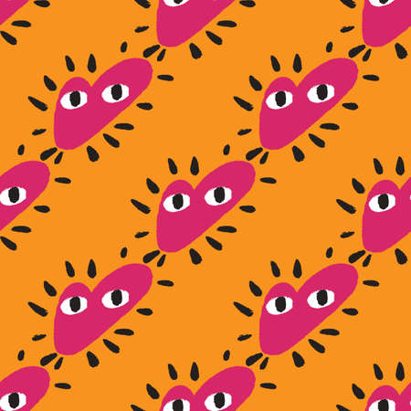 Valentine seamless pattern with cute pink heart characters print. Orange bright background. Doodle style. Flat vector print for textile, fabric, giftwrap, wallpapers. Endless illustration.のイラスト素材
