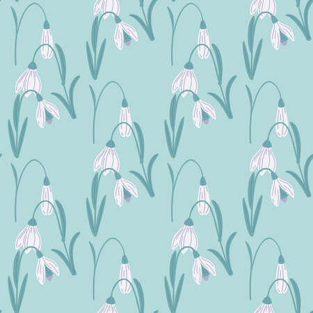 White campanula seamless pattern in wild nature stylistic. Blue background. Botanic doodle backdrop. Flat vector print for textile, fabric, giftwrap, wallpapers. Endless illustration.のイラスト素材