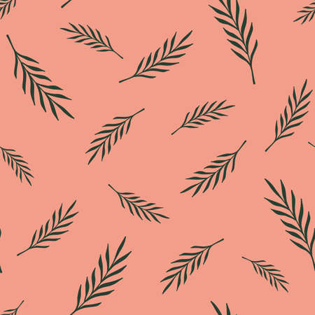 Green foliage seamless doodle nature pattern with leaves branches. Pink background. Organic artwork. Stock illustration. Vector design for textile, fabric, giftwrap, wallpapers.のイラスト素材