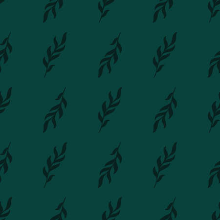 Dark turquoise colored seamless pattern with hand drawn leaves twig shapes. Nature botanic backdrop. Graphic design for wrapping paper and fabric textures. Vector Illustration.のイラスト素材