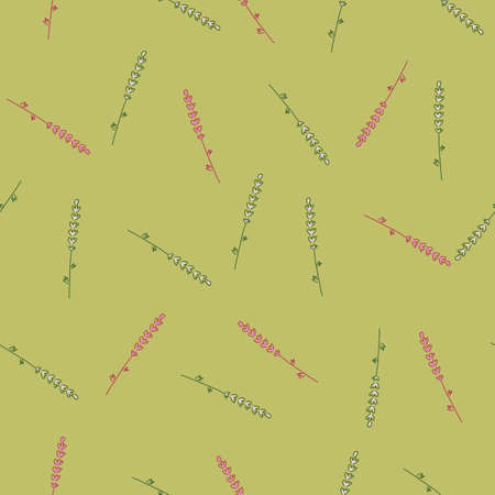 Botanic abstract seamless pattern with random pink and green lavender contoured ornament. Green background. Perfect for fabric design, textile print, wrapping, cover. Vector illustration.のイラスト素材