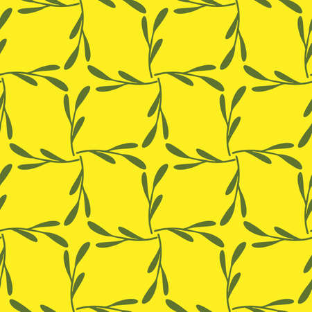 Geometric style seamless pattern with green minimalistic branches ornament. Yellow background. Vector illustration for seasonal textile prints, fabric, banners, backdrops and wallpapers.のイラスト素材
