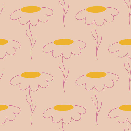 Yellow outline chamomile flowers seamless pattern in floral style. Pink pale background. Abstract nature backdrop. Perfect for fabric design, textile print, wrapping, cover. Vector illustration.のイラスト素材