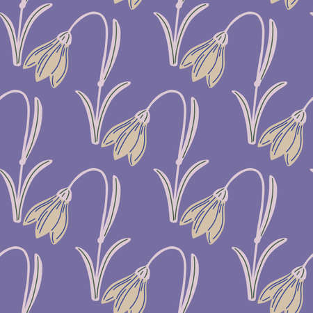Decor nature seamless pattern with contoured doodle bluebell print. Purple pastel background. Simple style. Flat vector print for textile, fabric, giftwrap, wallpapers. Endless illustration.のイラスト素材