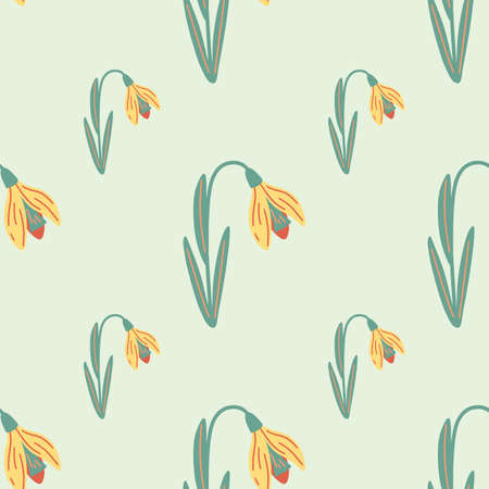 Yellow galanthus flower seamless doodle pattern in hand drawn style. Light pastel background. Simple style. Vector illustration for seasonal textile prints, fabric, banners, backdrops and wallpapers.のイラスト素材