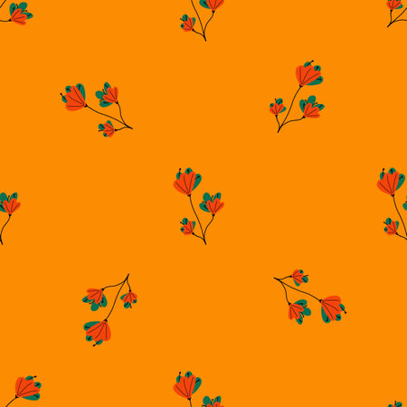 Summer seamless pattern in minimalistic style with naive flowers print. Bright orange background. Flat vector print for textile, fabric, giftwrap, wallpapers. Endless illustration.のイラスト素材