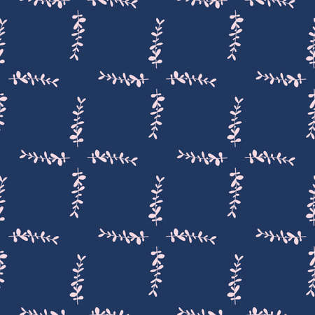 Seamless pattern in geometric style with hand drawn eucalyptus branches. Navy blue background. Graphic design for wrapping paper and fabric textures. Vector Illustration.のイラスト素材