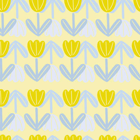 Bloom seamless nature pattern with yellow tulip flower elements. Pastel background. Blue foliage. Graphic design for wrapping paper and fabric textures. Vector Illustration.のイラスト素材