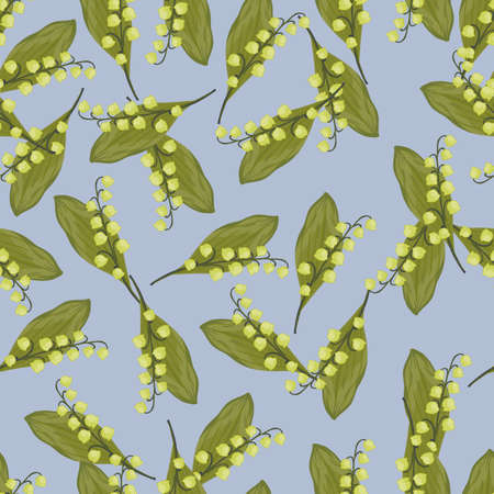 Bright green random lily of the valley ornament seamless spring pattern. Blue background. Doodle style. Graphic design for wrapping paper and fabric textures. Vector Illustration.のイラスト素材