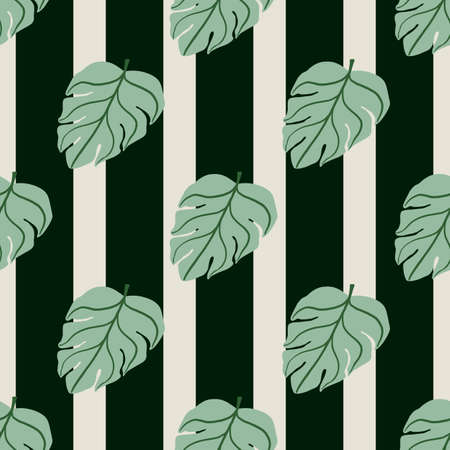 Exotic palm seamless pattern with light green simple monstera leaf print. Green and grey striped background. Graphic design for wrapping paper and fabric textures. Vector Illustration.のイラスト素材
