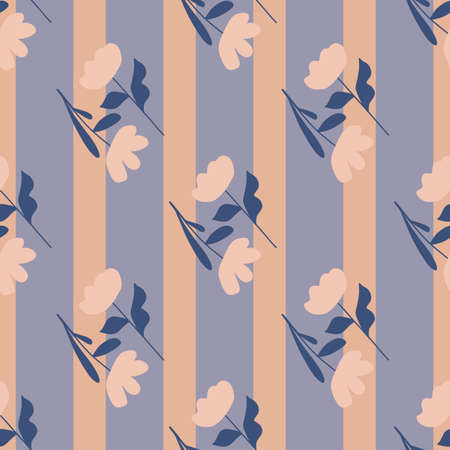 Bloom nature seamless pattern with simple flowers silhouettes ornament. Purple striped background. Vector illustration for seasonal textile prints, fabric, banners, backdrops and wallpapers.のイラスト素材