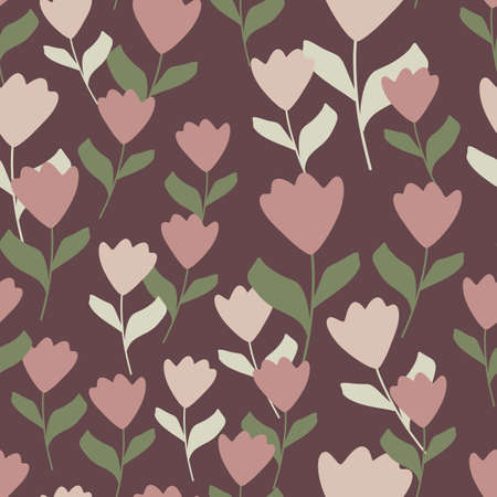 Random pink flowers tulip seamless pattern in doodle style. Pale purple background. Nature backdrop. Graphic design for wrapping paper and fabric textures. Vector Illustration.のイラスト素材