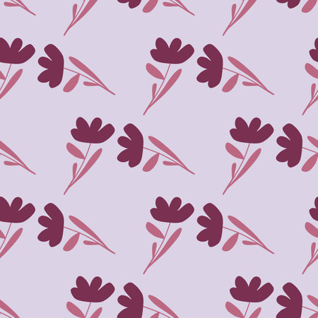 Purple simple flowers geometric style seamless pattern. Blue background. Spring decorative backdrop. Graphic design for wrapping paper and fabric textures. Vector Illustration.のイラスト素材