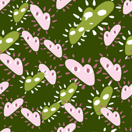 Abstract seamless pattern with simple style heart characters print. Green background. Romantic love style. Flat vector print for textile, fabric, giftwrap, wallpapers. Endless illustration.のイラスト素材