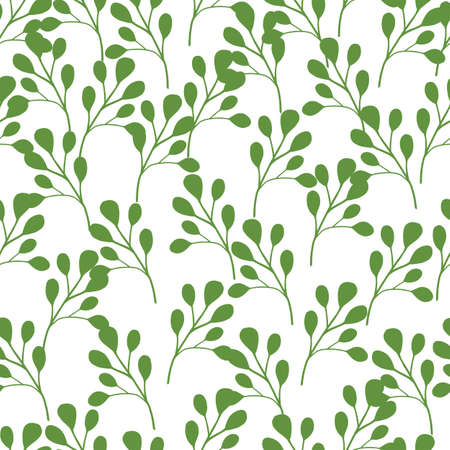 Isolated greenery tropic seamless pattern with doodle green white eucalyptus ornament. White background. Designed for fabric design, textile print, wrapping, cover. Vector illustration.のイラスト素材