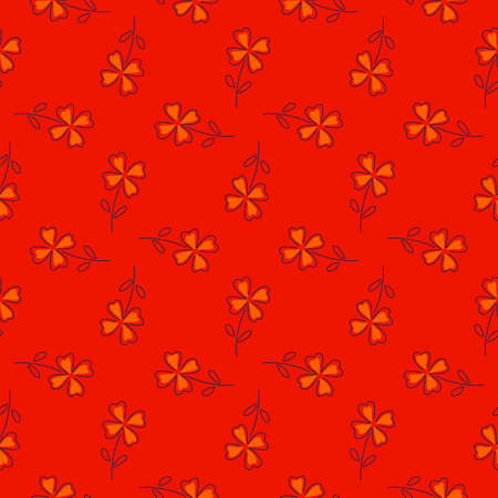 Decorative seamless pattern in geometric style with orange four-leaf clover shapes. Red background. Vector illustration for seasonal textile prints, fabric, banners, backdrops and wallpapers.のイラスト素材