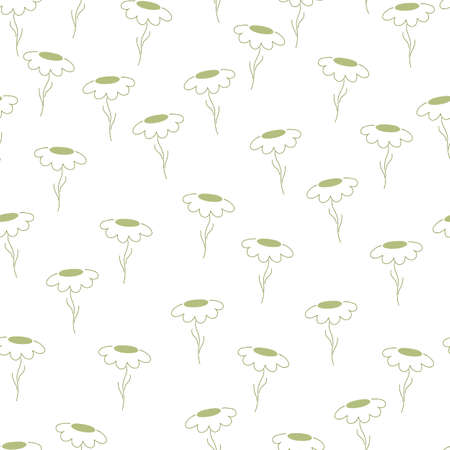 Isolated seamless pattern with doodle outline chamomile flowers shapes. Random floral simple backdrop. Perfect for fabric design, textile print, wrapping, cover. Vector illustration.のイラスト素材