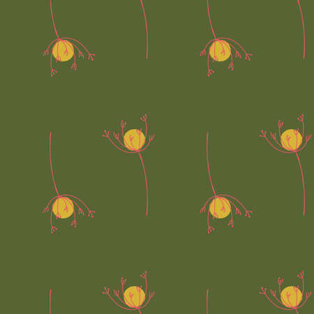 Yellow and pink abstract yarrow flower ornament seamless pattern. Green olive background. SImple style. Vector illustration for seasonal textile prints, fabric, banners, backdrops and wallpapers.のイラスト素材