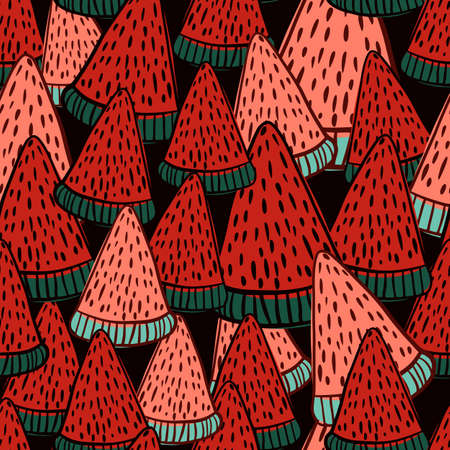 Organic abstract seamless pattern with red bright random watermelon elements. Black background. Graphic design for wrapping paper and fabric textures. Vector Illustration.のイラスト素材
