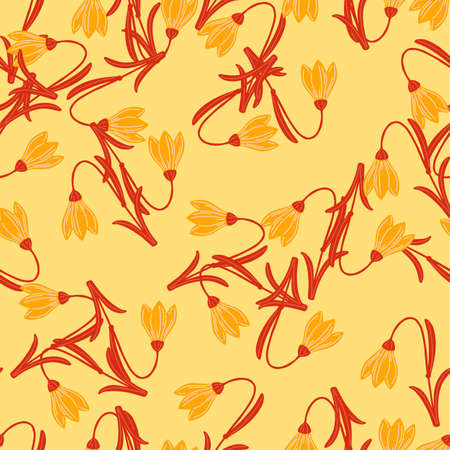 Red and orange colored bluebell ornament seamless pattern. Light yellow background. Doodle stylistic. Flat vector print for textile, fabric, giftwrap, wallpapers. Endless illustration.のイラスト素材