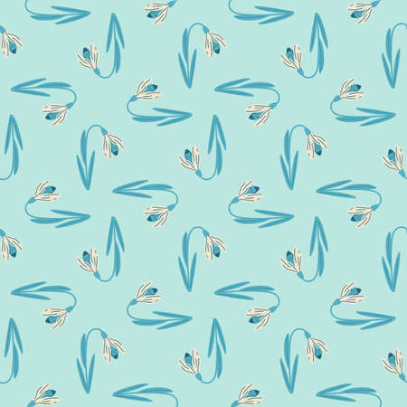 Geometric seamless pattern with botanic galanthus flowers shapes ornament. Blue palette artwork. Vector illustration for seasonal textile prints, fabric, banners, backdrops and wallpapers.のイラスト素材