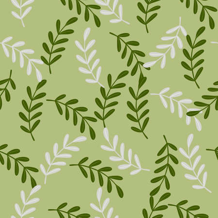 Abstract herbal floral seamless pattern with simple herbal twigs ornament. Green bbackground. Random print. Graphic design for wrapping paper and fabric textures. Vector Illustration.のイラスト素材