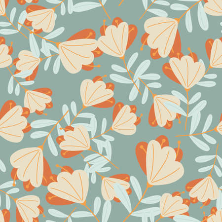 Summer decorative seamless pattern with random orange flowers elements. Blue background. Stock illustration. Vector design for textile, fabric, giftwrap, wallpapers.のイラスト素材