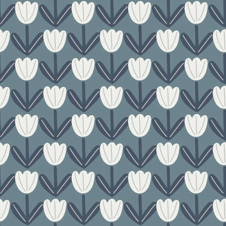 Abstract style seamless pattern in doodle style with white tulip shapes. Navy blue pale background. Graphic design for wrapping paper and fabric textures. Vector Illustration.のイラスト素材