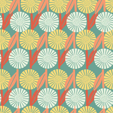 Seamless pattern with yellow and blue doodle flowers shapes. Turquoise background. Hand drawn print. Vector illustration for seasonal textile prints, fabric, banners, backdrops and wallpapers.のイラスト素材