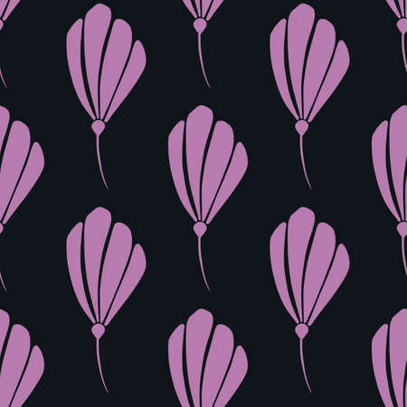 Contrast seamless floral pattern with bright purple flower silhouettes print. Black background. Lilac ornament. Stock illustration. Vector design for textile, fabric, giftwrap, wallpapers.のイラスト素材