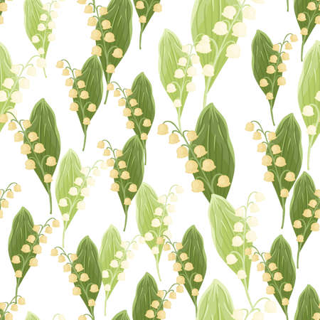 Isolated vintage seamless pattern with random lily of the valley flowers elements. White background. Graphic design for wrapping paper and fabric textures. Vector Illustration.のイラスト素材