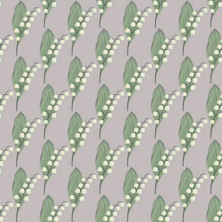 Vintage style floral seamless pattern with green and white lily of the valley ornament. Purple background. Graphic design for wrapping paper and fabric textures. Vector Illustration.のイラスト素材