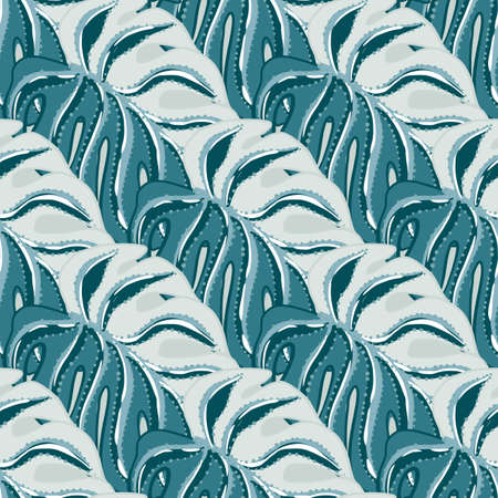 Blue palette tropical monstera leaf ornament seamless pattern. Floral decorative tropic ornament. Stock illustration. Vector design for textile, fabric, giftwrap, wallpapers.のイラスト素材