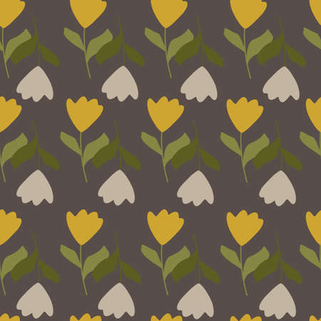 Grey and yellow simple tulip flowers seamless pattern in simple style. Dark grey background. Graphic design for wrapping paper and fabric textures. Vector Illustration.のイラスト素材